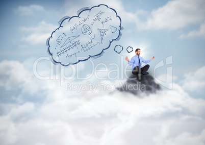 Business man meditating on mountain peak with 3d blue thought cloud
