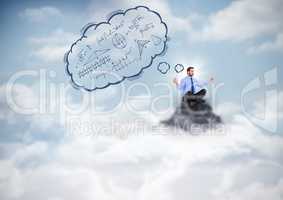 Business man meditating on mountain peak with 3d blue thought cloud