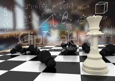 3D Chess pieces against blurry room with white math doodles