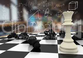 3D Chess pieces against blurry room with white math doodles