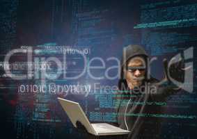 Hacker holding a laptop and extending his arm in front of 3D digital background