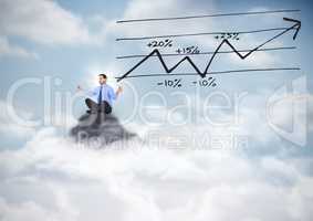 Business man meditating on mountain peak with 3d arrow graphic
