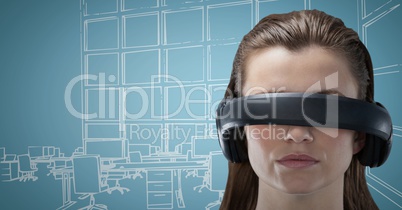 Woman in virtual reality headset against blue and white hand drawn office