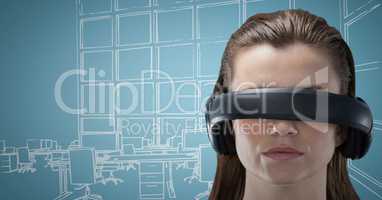 Woman in virtual reality headset against blue and white hand drawn office