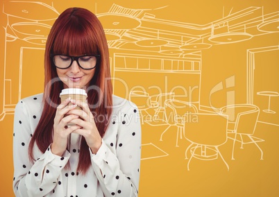 Millennial woman drinking coffee against orange and white hand drawn office