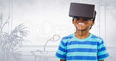Boy in virtual reality headset against white 3D hand drawn office