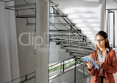 woman with tablet 3D designing the office stair with lines where it going to be
