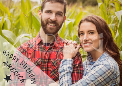 Grey and white fourth of July graphic against couple in cornfield