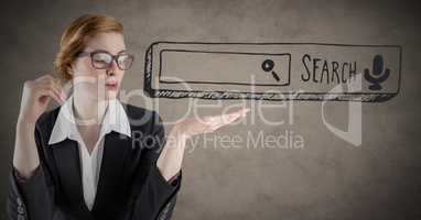 Business woman with search bar in hand against brown background with 3D grunge overlay
