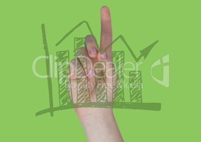 Hand pointing at green 3D graph doodle against green background