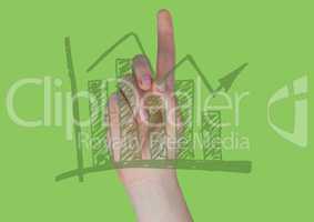 Hand pointing at green 3D graph doodle against green background