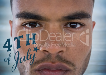 Portraiture of man with blue fourth of July graphic against blurry blue wood panel