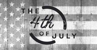 Grey fourth of July graphic against grey american flag on wood panel