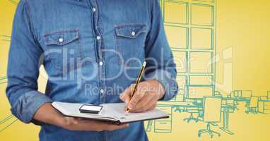 Millennial man mid section writing against yellow and blue hand drawn office