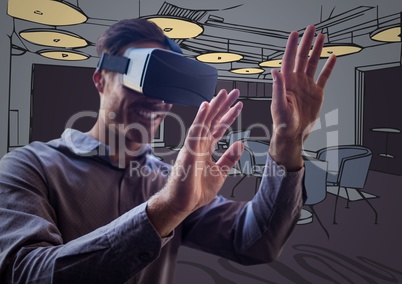 Business man in virtual reality headset with hands out against purple hand drawn office