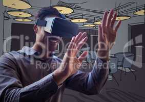 Business man in virtual reality headset with hands out against purple hand drawn office