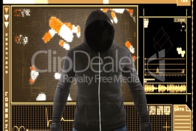 Masked hacker standing in front of an interface