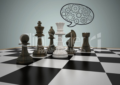 3D Chess pieces against grey background and speech bubble with cogs