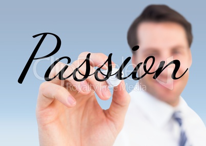 blurred businessman writing PASSION in the screen