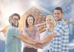 Happy friends putting their hands together with a 3D fluttering american flag in background