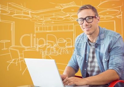 Millennial man at laptop against 3D orange and white hand drawn office