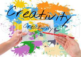 creativity (text with colors). Background+ hands drawing it on a paper