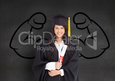 happy graduate woman in front of fists draw on blackboard wall