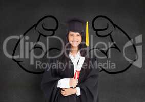 happy graduate woman in front of fists draw on blackboard wall