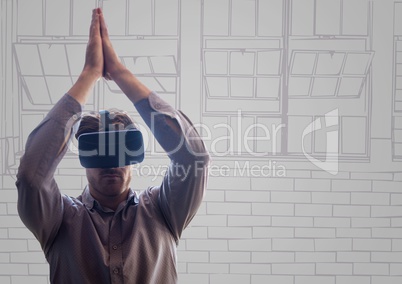 Man in virtual reality headset against purple and grey hand drawn office