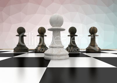 3d Chess pieces against pink green vector mesh