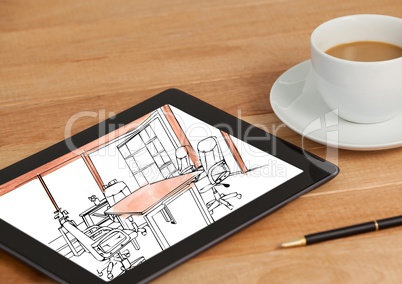 desk with coffee and tablet. On tablet the draw of the new design for the office. (black and white w