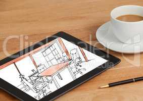 desk with coffee and tablet. On tablet the draw of the new design for the office. (black and white w