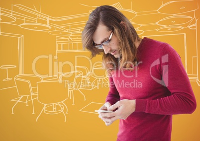 Millennial man texting against 3d orange and white hand drawn office