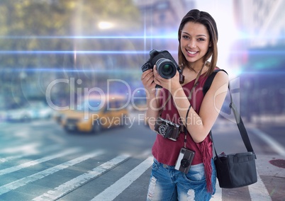 happy young photographer on the 3d city with flares and lights everywhere