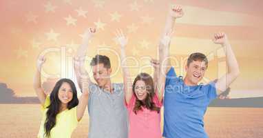 Smiling 3d friends throwing up their hands with an american flag in the sky