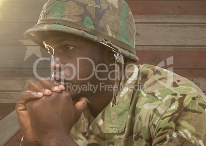 3d Wondering soldier against a wooden american flag background