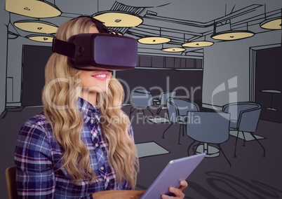 Woman in 3d virtual reality headset with tablet against purple hand drawn office