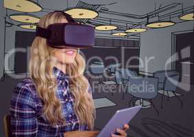 Woman in 3d virtual reality headset with tablet against purple hand drawn office