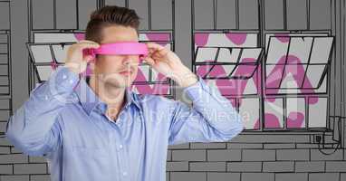 3d Business man in pink virtual reality headset against grey and pink hand drawn windows