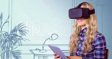 Woman in virtual reality headset with tablet against 3D blue hand drawn office