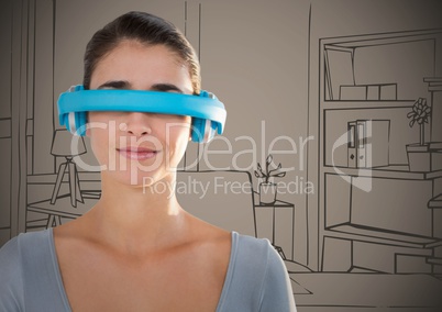 Woman in blue virtual reality headset against brown hand drawn office