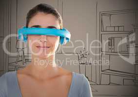 Woman in blue virtual reality headset against brown hand drawn office