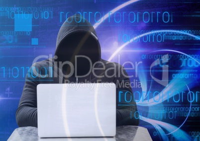 Shadow of hacker with sweatshirt using a laptop in front of blue digital background