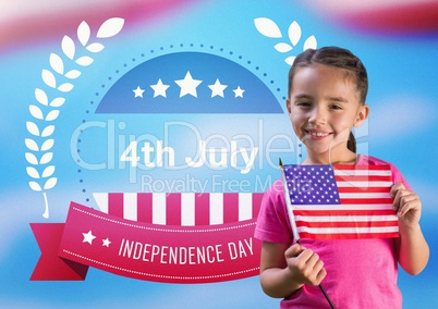 Child holding the american flag in front of independence day's poster