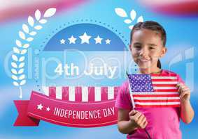 Child holding the american flag in front of independence day's poster