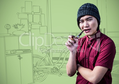 Millennial man smoking pipe against green 3d hand drawn office