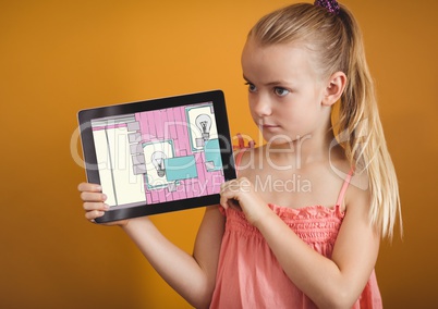 girl with tablet showing the 3D design of her new room
