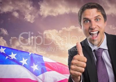 Business man with thumbs up against sunset and 3D american flag