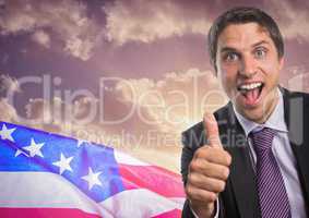 Business man with thumbs up against sunset and 3D american flag