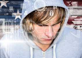Close up of blond hair hacker in front of american flag on wood